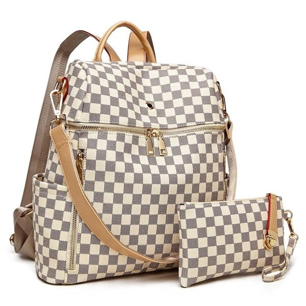 Checkered Backpack Bag Cream Checkered