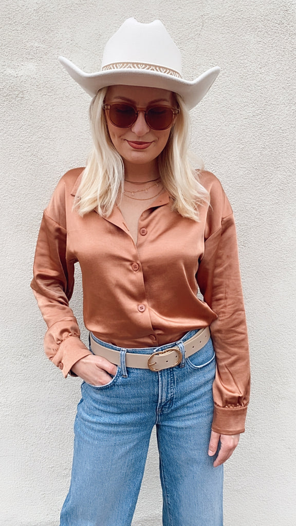 Halsey Satin Button Up Blouse (copper)