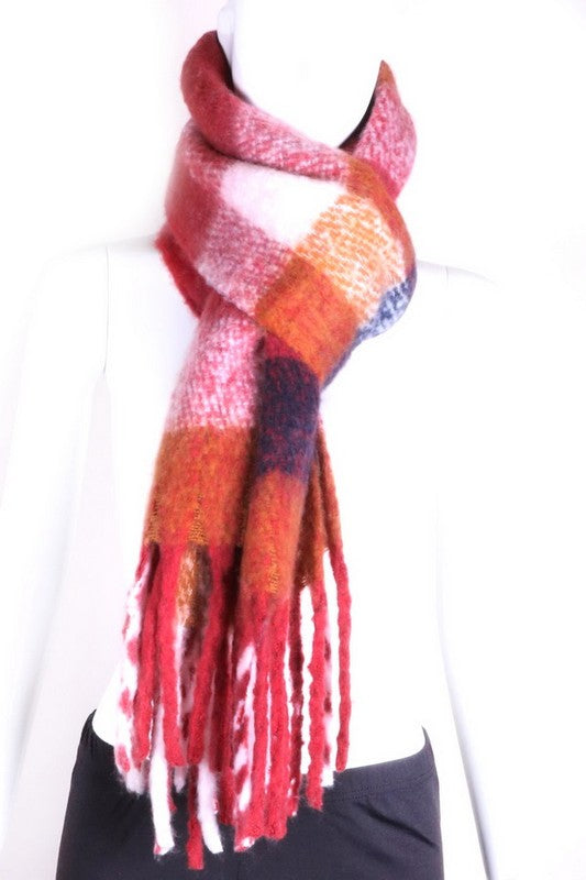 Fluffy soft Plaid fringe oblong scarf (burgundy/multi)