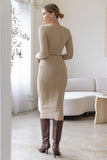 Brown Sugar Textured Long Sleeve Slim Fit Midi Dress (beige)