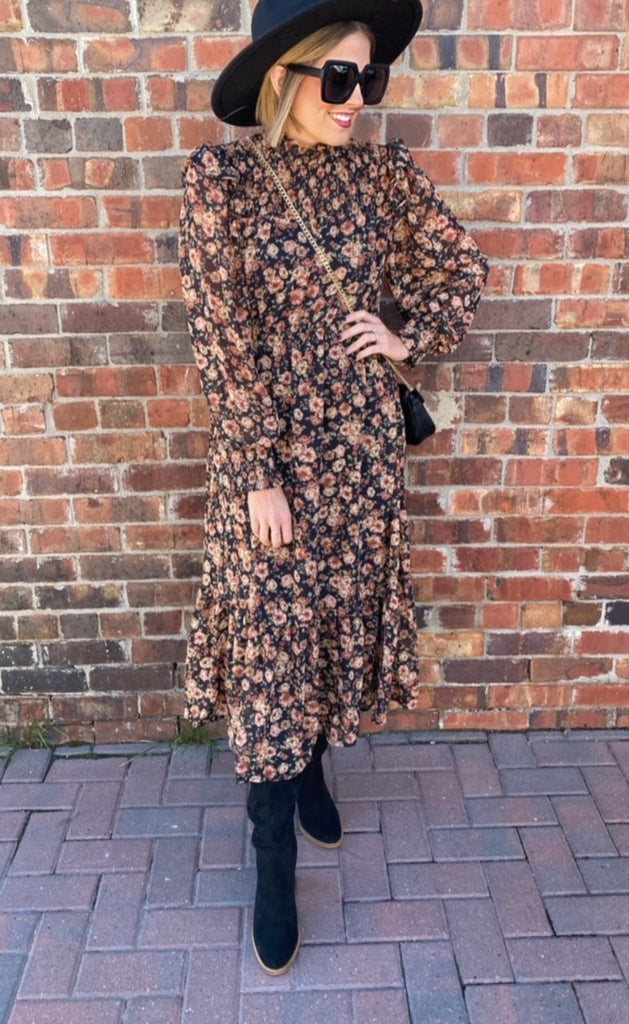 Portland boho floral midi dress (black/brown)