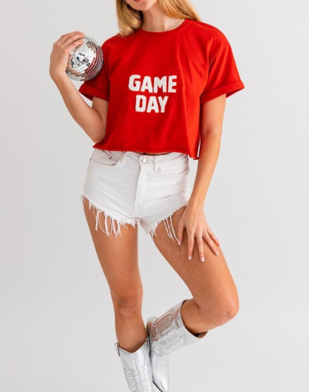 Game Day sherpa terry crop tee (red rust)
