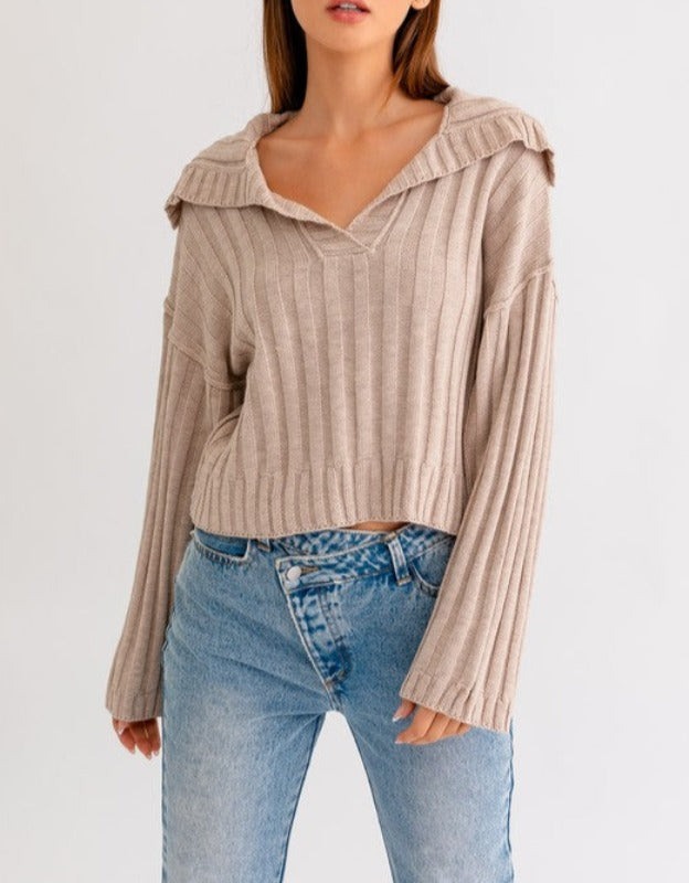 Sienna collared ribbed knit sweater (taupe)