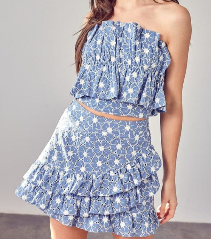 Luna strapless embroidered paneled top (chambray)