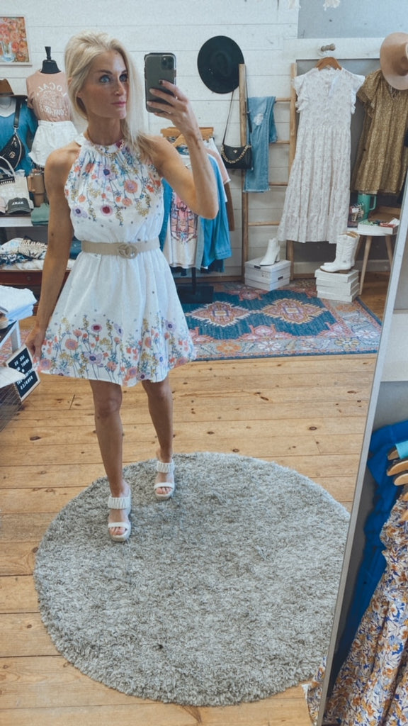 Kenzie Halter Neck Floral Print Mini Dress (white)