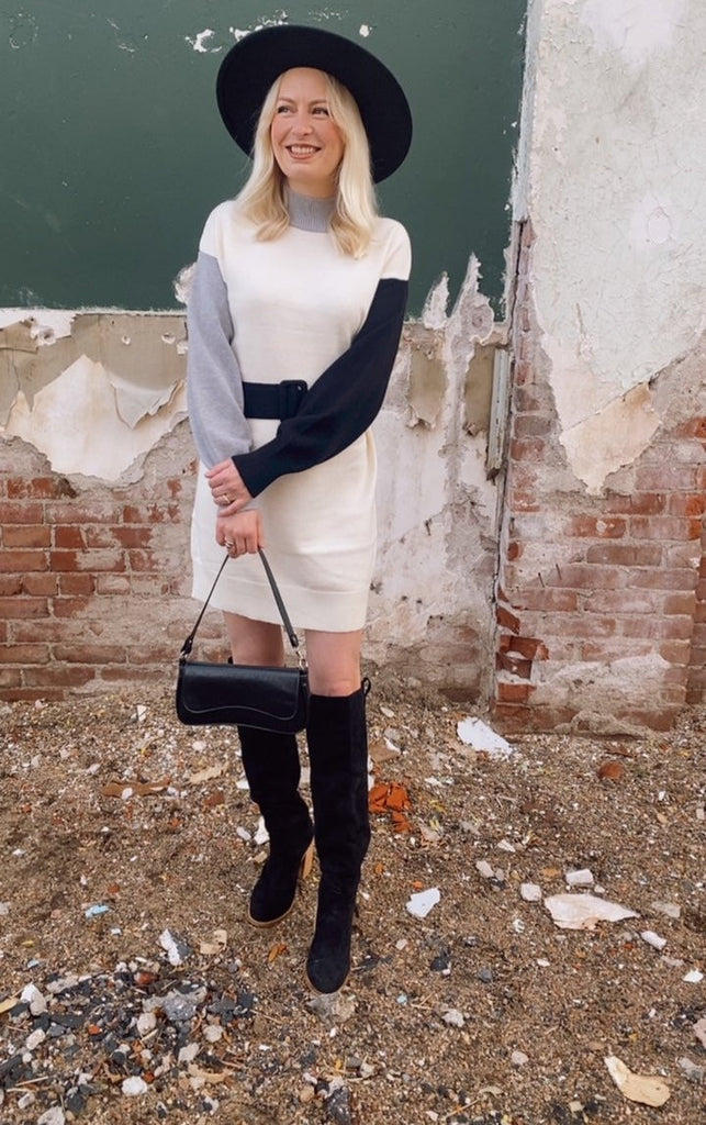 Colorblock Knit Belted Mini Sweater Dress (ivory/black)