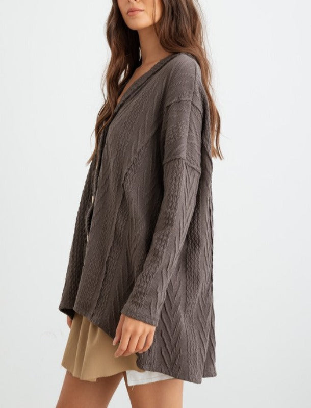 Maple button up cable knit thermal top (charcoal)