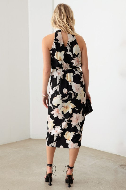 Celine Sleeveless halter floral midi dress (black)