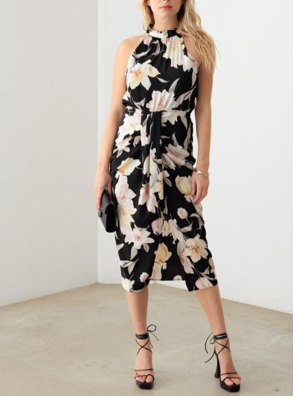 Celine Sleeveless halter floral midi dress (black)