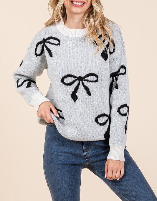 Ribbon Bow Pattern Knit Sweater (Light Grey)