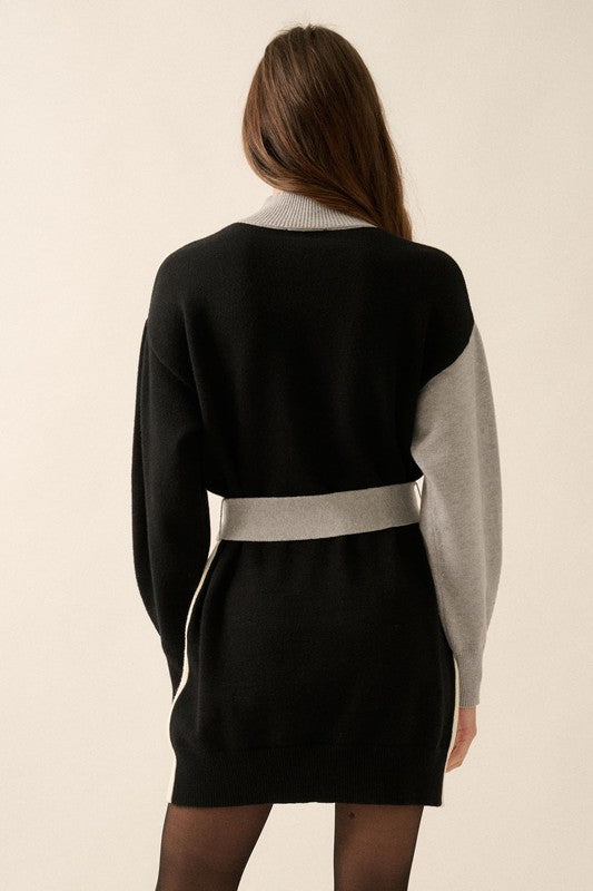 Colorblock Knit Belted Mini Sweater Dress (ivory/black)