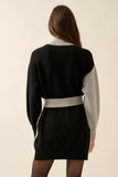 Colorblock Knit Belted Mini Sweater Dress (ivory/black)
