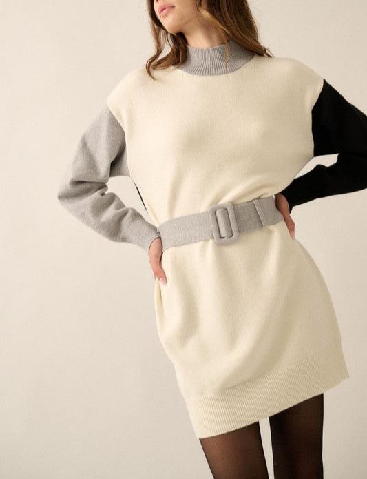 Colorblock Knit Belted Mini Sweater Dress (ivory/black)