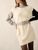 Colorblock Knit Belted Mini Sweater Dress (ivory/black)