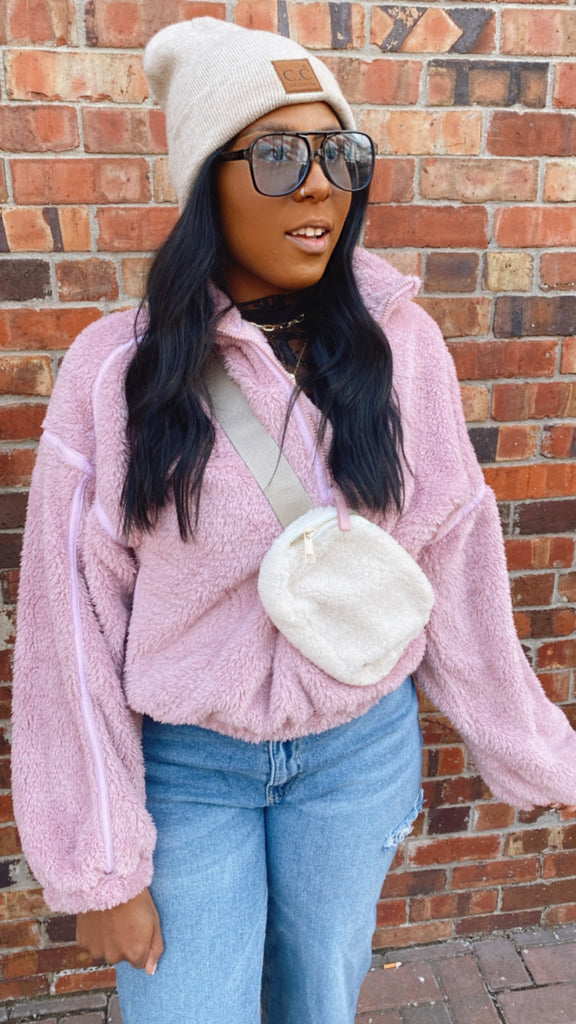 Skye oversized half zip fleece pullover (mauve pink)