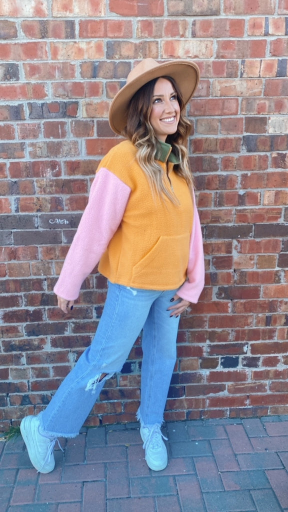 Jadie colorblock fleece pullover (pink/mustard)