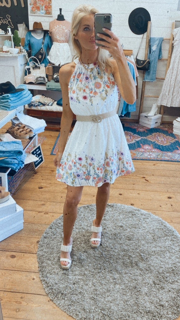 Kenzie Halter Neck Floral Print Mini Dress (white)