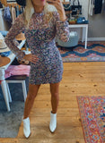 Olivia Floral Mesh Ruched Long Sleeve Mini Dress (black/pink)