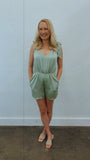 Joy tie shoulder satin romper (mint sage)