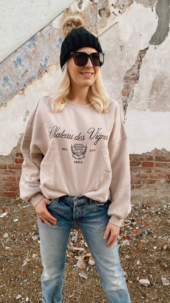 Paris Embroidered Crewneck Pullover (taupe)