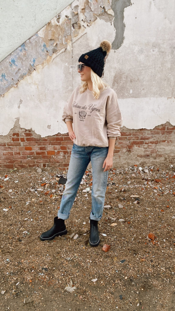 Paris Embroidered Crewneck Pullover (taupe)