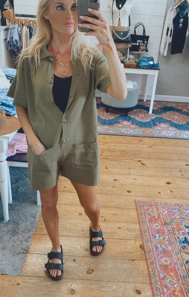 Eden Knit Button Up Short Sleeve Collared Romper (olive)