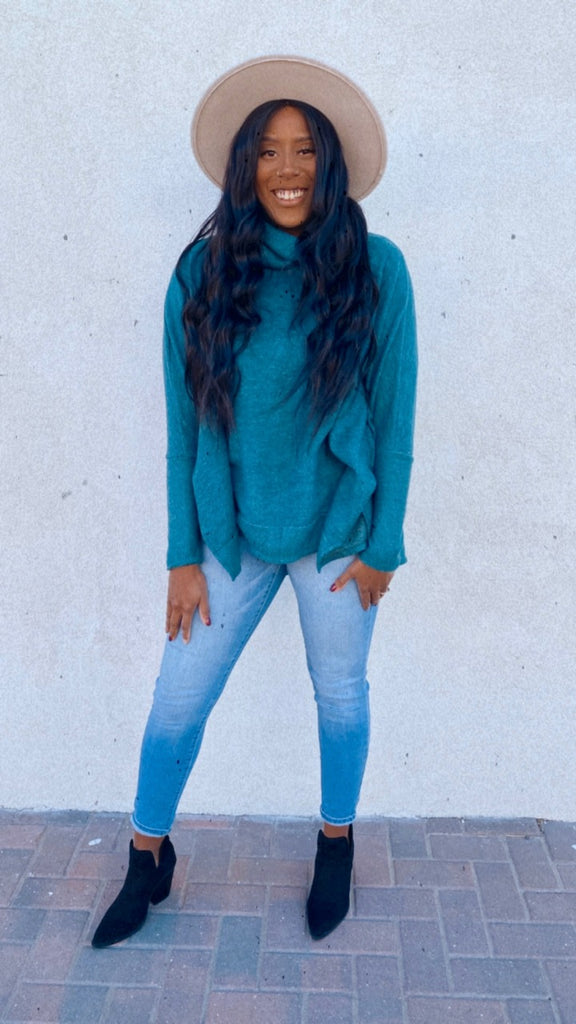Savannah Brushed Knit Cowl Turtle Neck High Low Top (dusty hunter green)