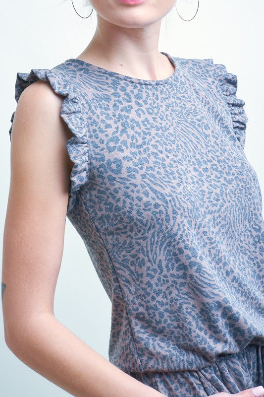 Sleeveless ruffle leopard romper (black/mocha)