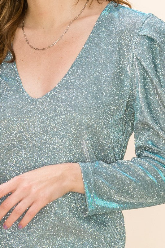Glam Girl sparkle puff shoulder top (blue) - Mint Boutique