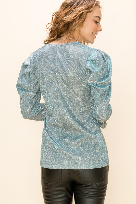 Glam Girl sparkle puff shoulder top (blue) - Mint Boutique