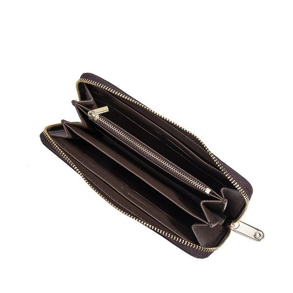 Zip Around Check Wallet with Wristlet Strap (brown) - Mint Boutique
