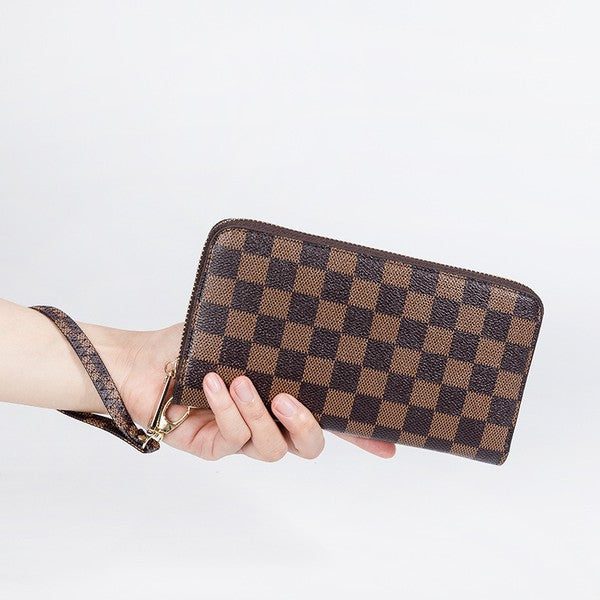 Zip Around Check Wallet with Wristlet Strap (brown) - Mint Boutique