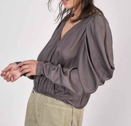 Full Moon drape sleeve silky blouse (charcoal) - Mint Boutique