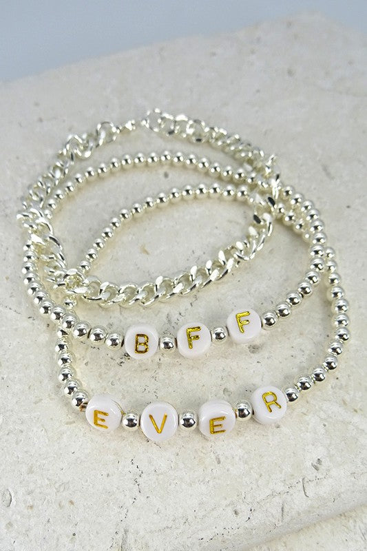 BFF/4EVER Beaded Bracelet 3 pc Set (silver) - Mint Boutique