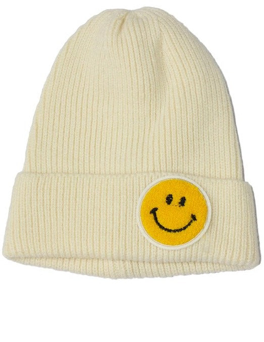 Smiley face patch knit beanie (ivory)