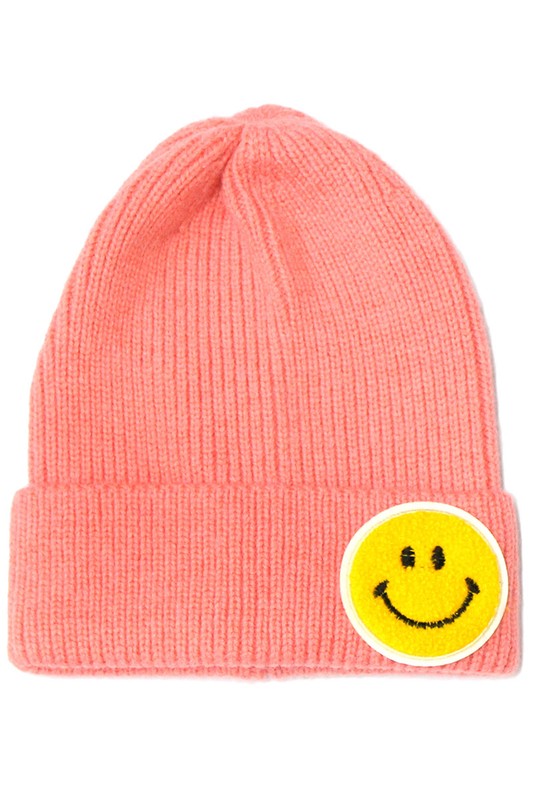 Smiley face patch knit beanie (bright pink)