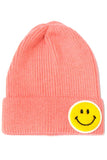 Smiley face patch knit beanie (bright pink)