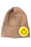 Smiley face patch knit beanie (light mocha)