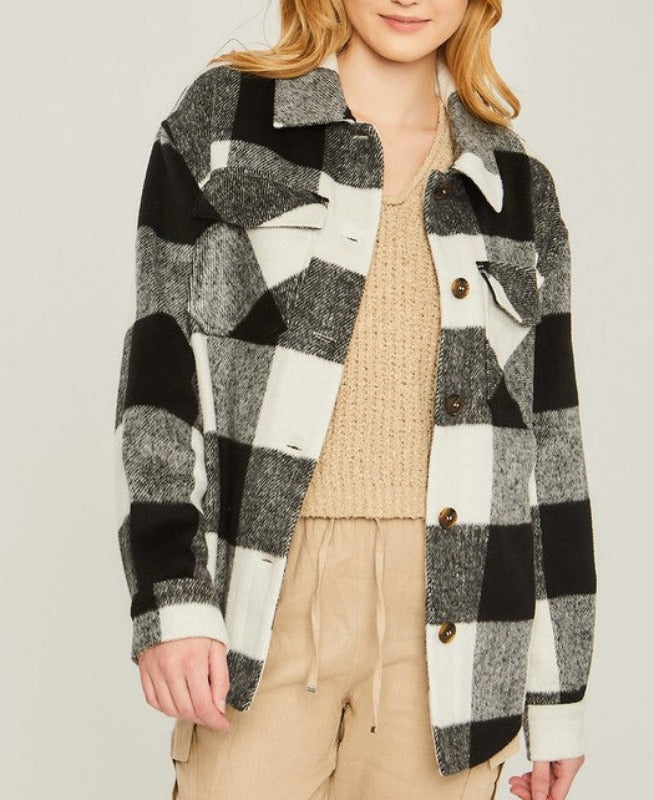 Corbin soft brushed plaid fleece shacket (black)