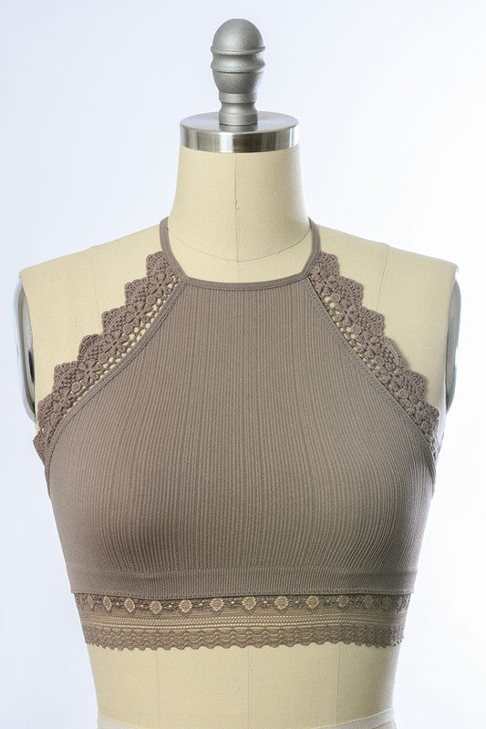Lola High Neck Crochet Lace Trim Bralette (mocha)