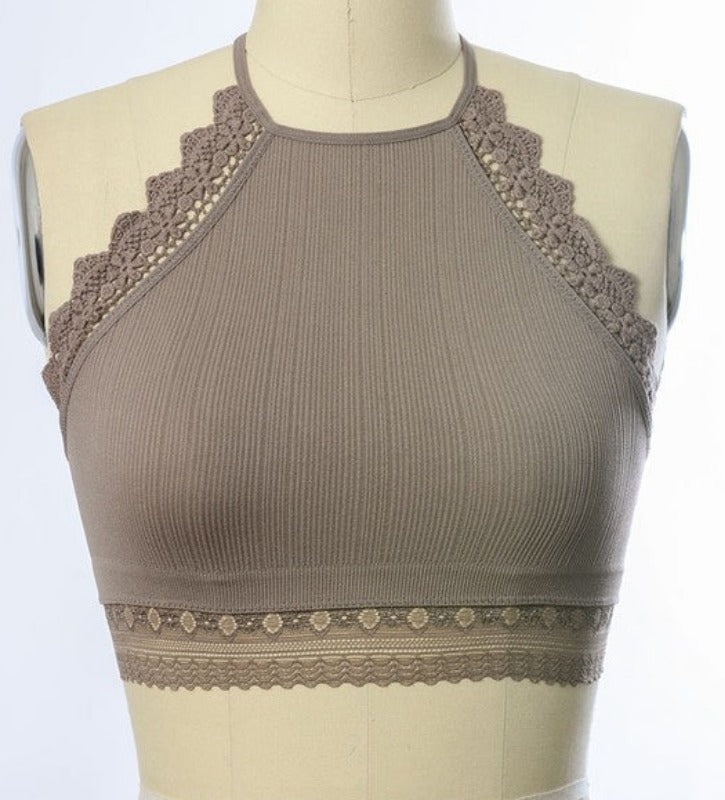 Lola High Neck Crochet Lace Trim Bralette (mocha)