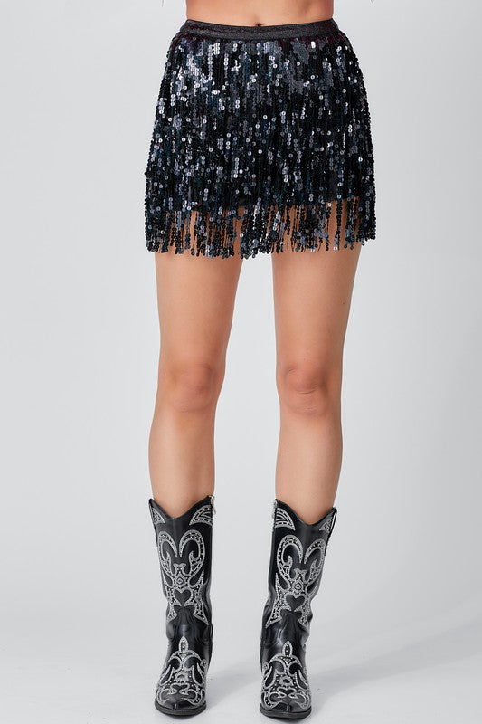 Ari Sequin mini fringe skirt (black)