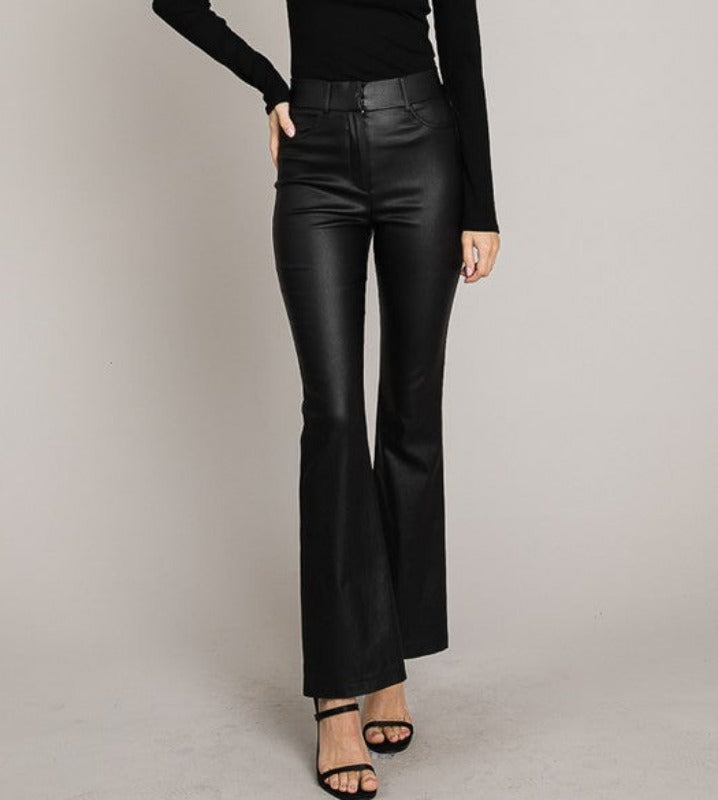 Midnight Coated Leather Flare Pants (black)