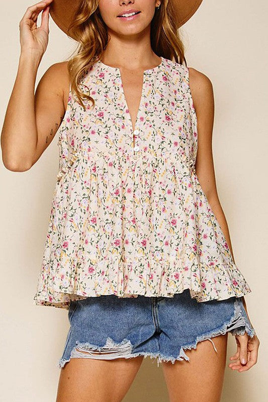Grace sleeveless woven floral babydoll top (cream)