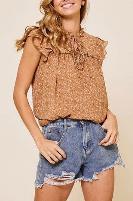 Arwen short sleeve floral ruffle blouse (camel)