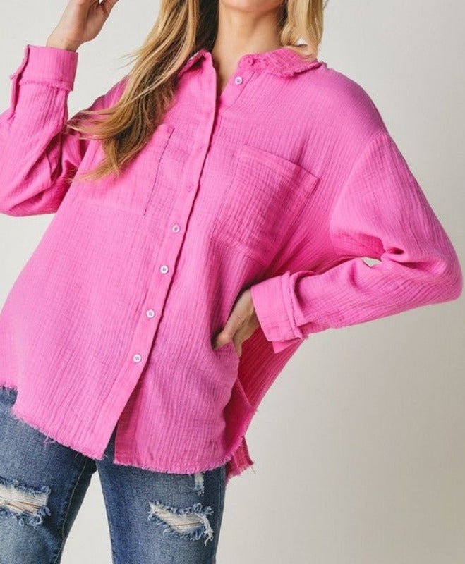 Feelin' Fine linen blend button down (bright pink)