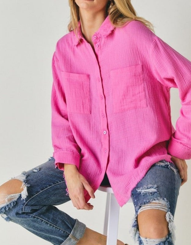 Feelin' Fine linen blend button down (bright pink)