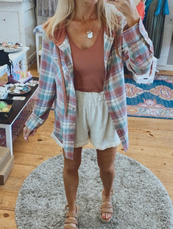 Faye Plaid Button Down Hooded Flannel (terracotta)