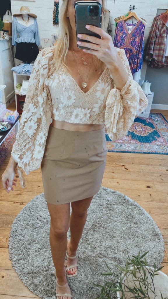 Ophelia Lace Crop open back top (beige)