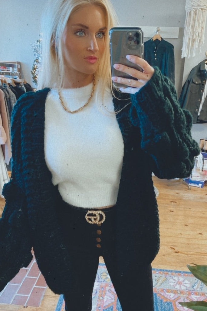 Finch pom sleeve chunky cardigan (black)